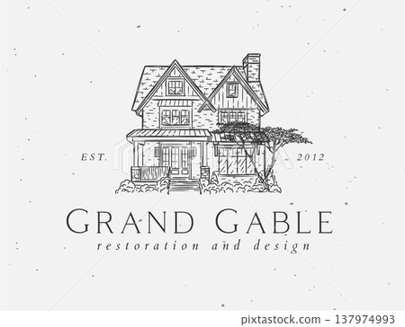 Vintage house label with text grand gable restoration and design black Vintage house label with text grand gable restoration and design black 137974993