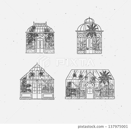 Greenhouse interior line art graphic illustrations black 137975001