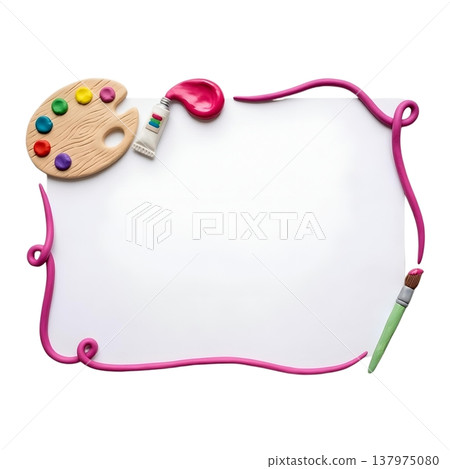 一幅以黏土藝術風格繪製的顏料和調色盤畫框。 137975080