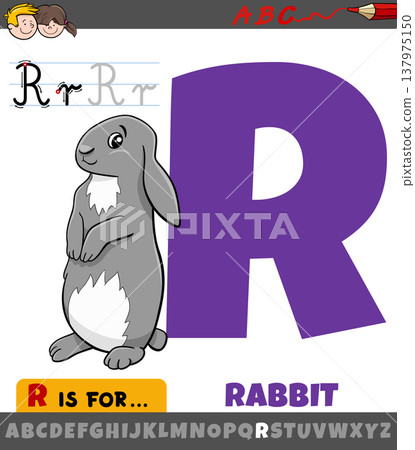 letter R worksheet with cartoon illustration of rabbit animal character 137975150