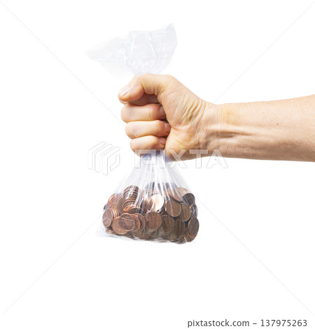 a clear plastic bag full of euro coins a clear plastic bag full of euro coins 137975263