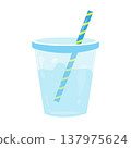 Transparent plastic cup with water and striped straw on white background 137975624
