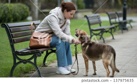 Woman Interacts With Dog in a City Park During the Day Near Benches and Grass 137975635