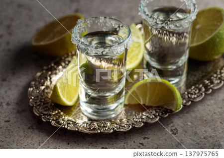 Tequila with salt and lime slices on a silver tray. 137975765