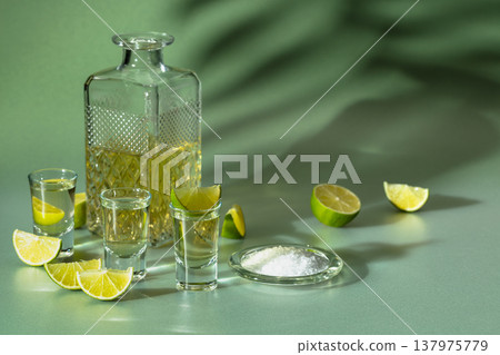 Tequila with salt and lime slices on a green background. Tequila with salt and lime slices on a green background. 137975779