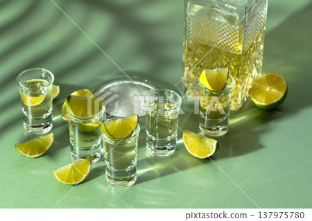 Tequila with salt and lime slices on a green background. 137975780