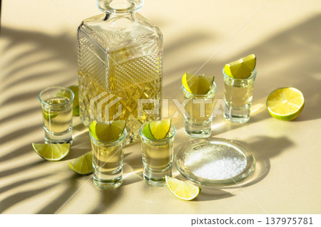 Tequila with salt and lime slices. 137975781