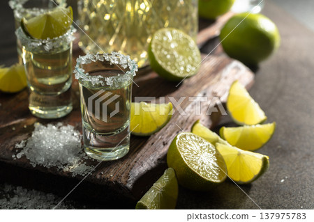 Tequila with sea salt and lime slices. Tequila with sea salt and lime slices. 137975783