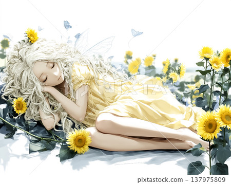 A fantasy illustration of a sunflower fairy sleeping | A gentle and dreamy image surrounded by flowers A fantasy illustration of a sunflower fairy sleeping | A gentle and dreamy image surrounded by flowers 137975809