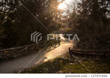 Sunlit Park Path with Rustic Fence and Warm Shadows 137975888