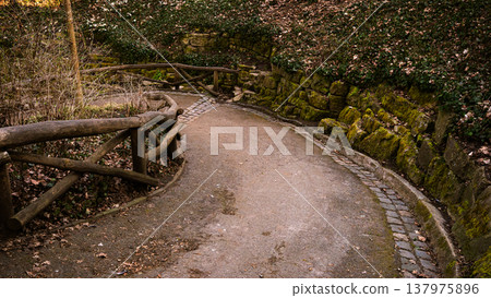 Descending Curved Park Path with Mossy Stone Wall Descending Curved Park Path with Mossy Stone Wall 137975896