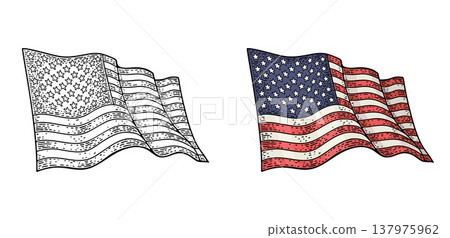 American flag. Vector vintage engraving color illustration isolated on white American flag. Vector vintage engraving color illustration isolated on white 137975962