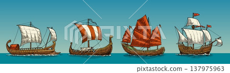 Trireme, caravel, drakkar, junk. Set sailing ships. Vintage engraving Trireme, caravel, drakkar, junk. Set sailing ships. Vintage engraving 137975963