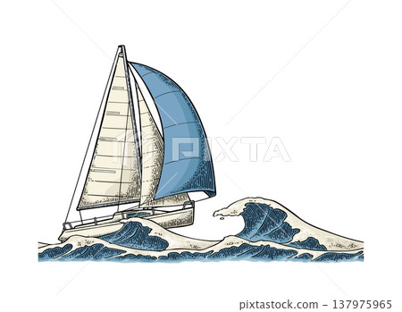 Sailing ship sails in stormy sea with big waves. Vector vintage engraving Sailing ship sails in stormy sea with big waves. Vector vintage engraving 137975965
