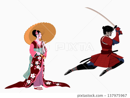Japanese samurai jumping. Color vector flat cartoon illustration. 137975967