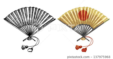 Japanese paper fan. Vintage vector hatching color illustration. Isolated on white 137975968