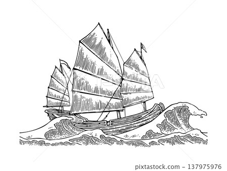 Junk floating in a stormy sea with big waves. Vintage vector engraving Junk floating in a stormy sea with big waves. Vintage vector engraving 137975976