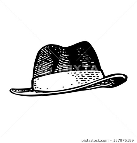 Man hat with ribbon. Vector black vintage engraving illustration. Isolated on a white Man hat with ribbon. Vector black vintage engraving illustration. Isolated on a white 137976199
