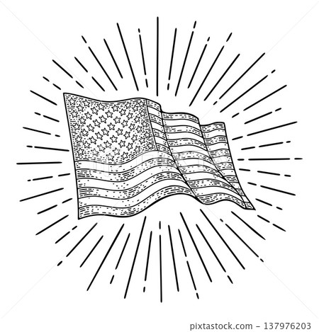 American flag and firework. Vector vintage engraving monochrome illustration 137976203