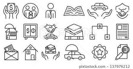 Insurance, business and finance black line icon set. Monochrome outline sign collection, isolated symbols Insurance, business and finance black line icon set. Monochrome outline sign collection, isolated symbols 137976212