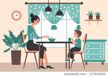 Mother and son sitting at the table and having breakfast. Illustration. 137976494