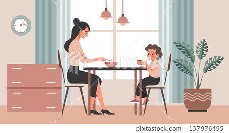 Mother and son sitting at the table and having breakfast. Illustration. Mother and son sitting at the table and having breakfast. Illustration. 137976495