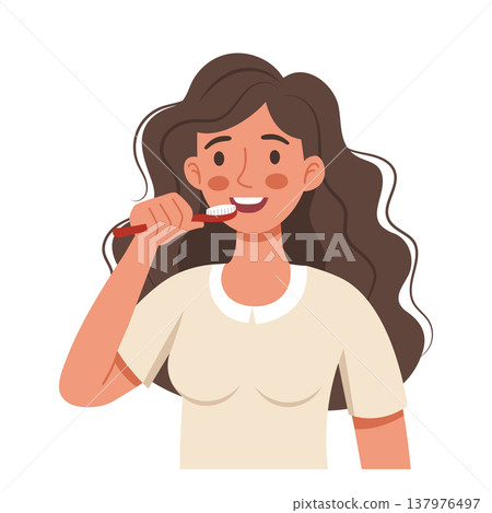 Woman brushing her teeth. Personal hygiene. Daily routine. Illustration. Woman brushing her teeth. Personal hygiene. Daily routine. Illustration. 137976497
