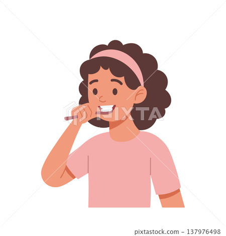 Girl brushing her teeth. Personal hygiene. Daily routine. Illustration. Girl brushing her teeth. Personal hygiene. Daily routine. Illustration. 137976498