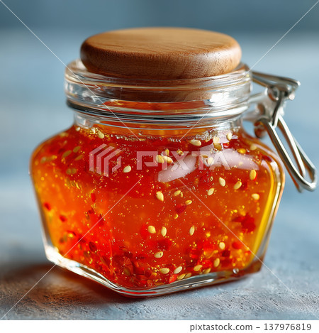 Spicy sugar-free sauce in a glass jar garnished with sesame seeds 137976819