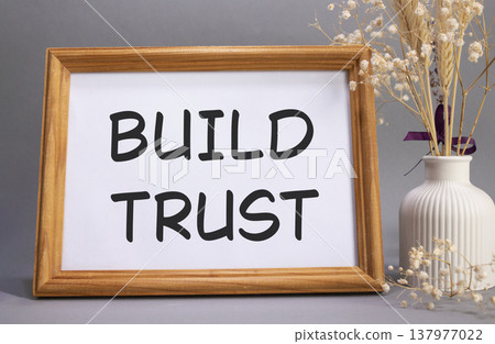 Build trust symbol. Concept words Build trust on beautiful wooden picture frame. Beautiful grey background with flower vase. Business and Build trust concept. Copy space. 137977022