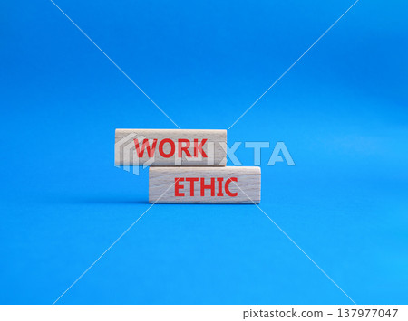 Work Ethic symbol. Concept words Work Ethic on wooden blocks. Beautiful blue background. Business and Work Ethic concept. Copy space. Work Ethic symbol. Concept words Work Ethic on wooden blocks. Beautiful blue background. Business and Work Ethic concept. Copy space. 137977047