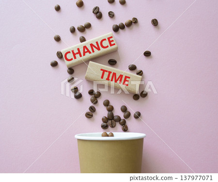 Change Time symbol. Concept words Change Time on beautiful wooden picture frame. Beautiful pink background with coffee cup and coffee beans. Business and Change Time concept. Copy space. 137977071