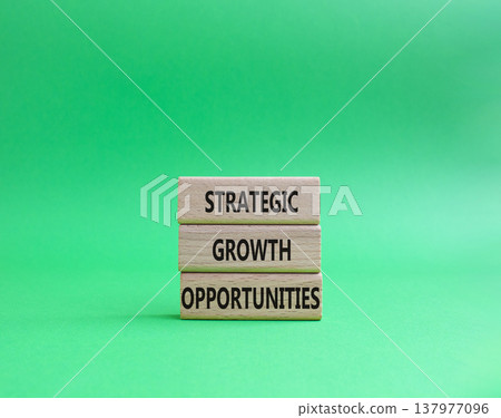 Strategic Growth Opportunities symbol. Concept word Strategic Growth Opportunities on wooden blocks. Beautiful green background. Business and Strategic Growth Opportunities. Copy space Strategic Growth Opportunities symbol. Concept word Strategic Growth Opportunities on wooden blocks. Beautiful green background. Business and Strategic Growth Opportunities. Copy space 137977096