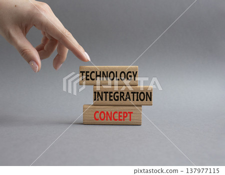 Technology integration concept symbol. Concept word Technology integration concept on wooden blocks. Businessman hand. Beautiful grey background. Business and Technology integration concept. Copy 137977115