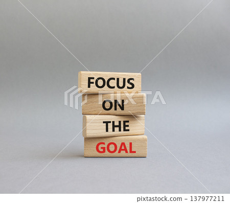 GOAL symbol. Wooden blocks with words FOCUS ON THE GOAL. Beautiful grey background. Business and GOAL concept. Copy space 137977211