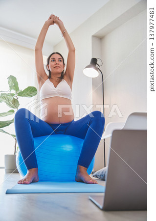 Pregnant woman exercising at home with fitness ball Pregnant woman exercising at home with fitness ball 137977481