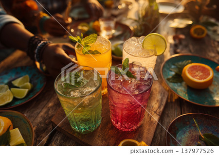 Colorful refreshing drinks create joyful moments among friends at sunset 137977526