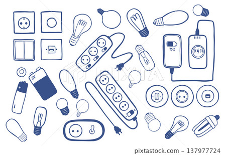 Hand drawn electrical equipment vector set with sockets, switches, power strip, light bulbs, batteries and smartphone charger. Minimal blue line art icons isolated on white background. Hand drawn electrical equipment vector set with sockets, switches, power strip, light bulbs, batteries and smartphone charger. Minimal blue line art icons isolated on white background. 137977724