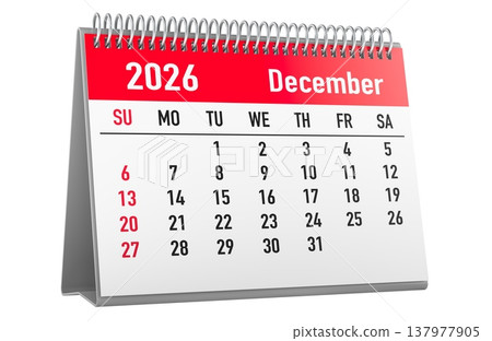 December 2026 English desk calendar starting Sunday. 3D rendering 137977905