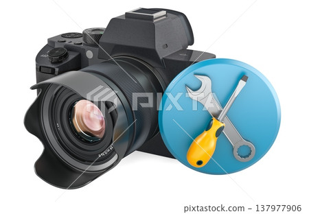 Digital camera with repair tools icon. Camera repair, photography service, maintenance and technical support, concept. 3d rendering 137977906