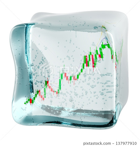 Ice cube enclosing candlestick chart symbolizing frozen assets, market slowdown and cooling growth, 3d rendering Ice cube enclosing candlestick chart symbolizing frozen assets, market slowdown and cooling growth, 3d rendering 137977910