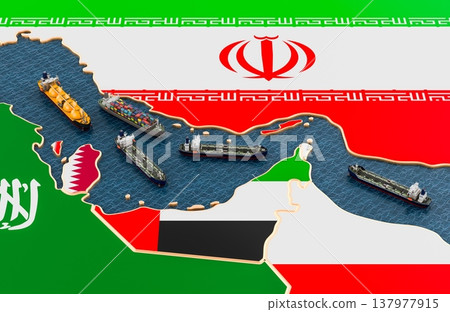 Strait of Hormuz shipping crisis map with tankers and trade routes. Shipping disruption, energy chokepoint risk and Gulf supply shock, 3d rendering 137977915