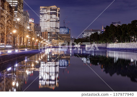 Night view of the Babasaki moat in the Imperial Palace Outer Garden, Tokyo. 137977940