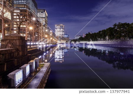 Night view of the Babasaki moat in the Imperial Palace Outer Garden, Tokyo. 137977941