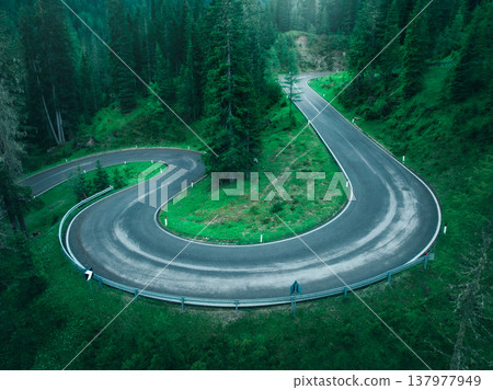 Aerial view of wet curvy road and green forest in summer 137977949
