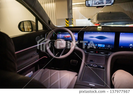 Modern car interior with touch screens.  137977987