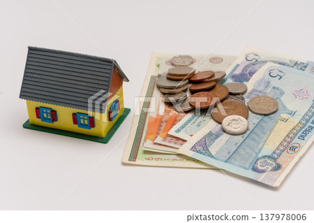 UK money coins and house symbolizing capital growth and housing market 137978006