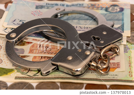 UK currency and handcuffs symbolizing fraud investigation and economic violations 137978013