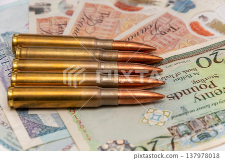 Ammunition on England currency showing conflict impact on financial system Ammunition on England currency showing conflict impact on financial system 137978018
