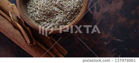 Ingredients and flavours for gourmet biscuits. Copy space. Dark background Ingredients and flavours for gourmet biscuits. Copy space. Dark background 137978061